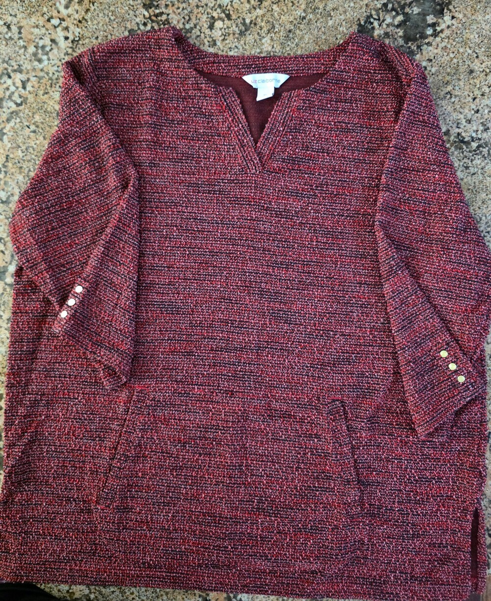 Liz Claiborne XL Burgundy Marled Knit Tunic Sweater Gold Button 3/4 Sleeve